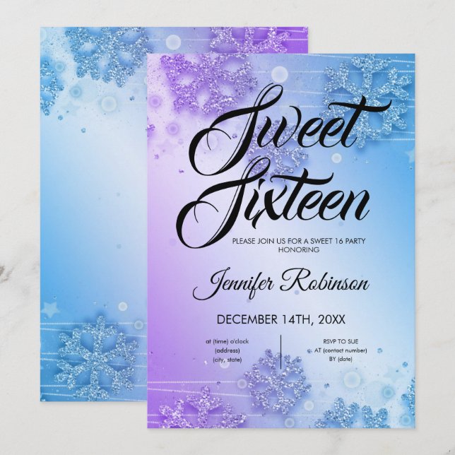Teal & Lila Winter Sweet 16 Glitter Gnistra Inbjudningar (Fram/baksida)