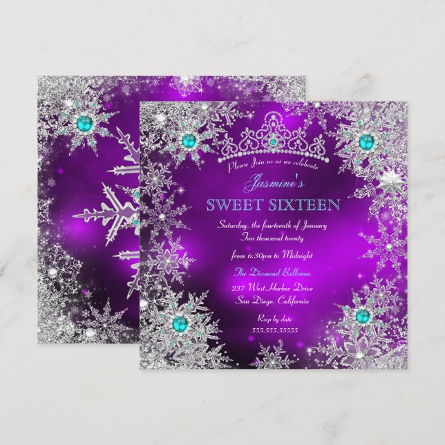 Teal Lila Winter Wonderland Sweet 16 Snowflake Inbjudningar (Fram/baksida)