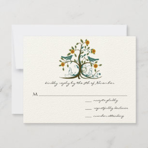 Teal Love birds Coral Blooming Träd Bröllop OSA Kort