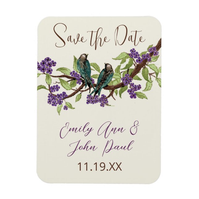 Teal Love birds Lila Blooming Träd Magnet (Vertikal)