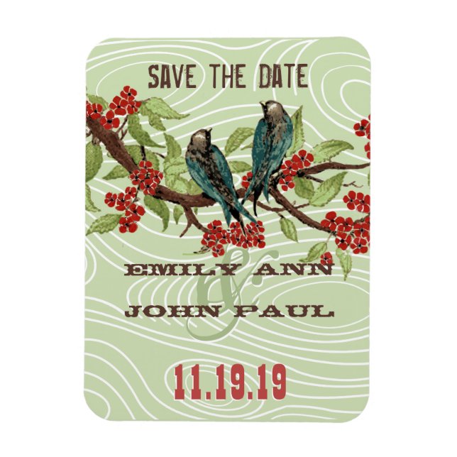 Teal Love birds RED Cherry Blommars Magnet (Vertikal)