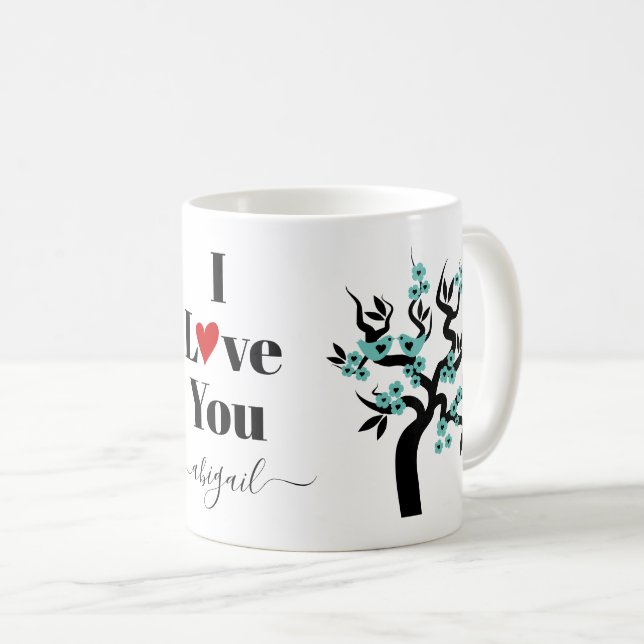 Teal Love birds sakura cherry träd och blommar Kaffemugg (Framsida höger)