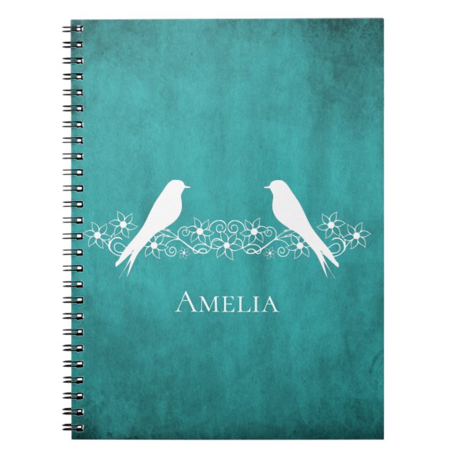 Teal Lovebird Blommigt Vine Notebook Anteckningsbok (Framsidan)
