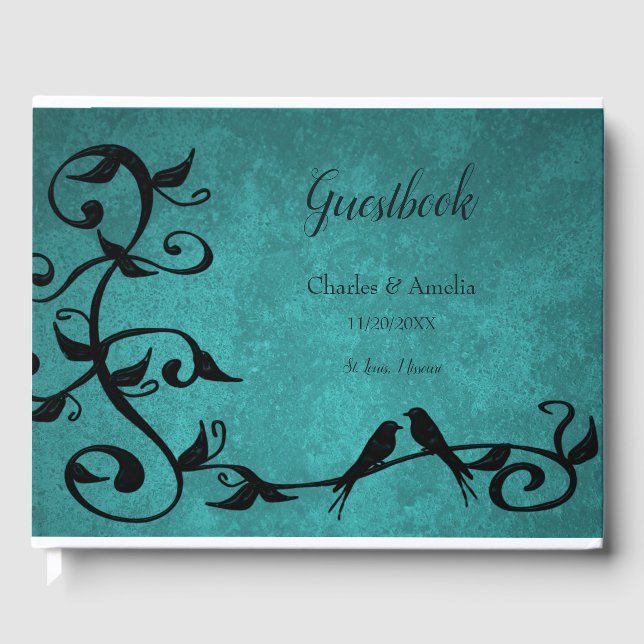 Teal Lovebird Bröllopsdag Guestbook Gästböcker (Framsida)