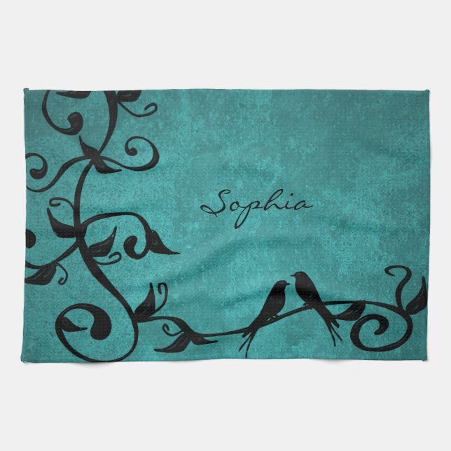 Teal Lovebird Kitchen Towel Kökshandduk (Horisontell)