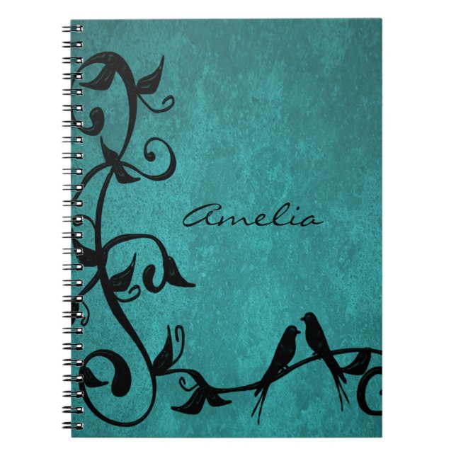 Teal Lovebird Personlig Notebook Anteckningsbok (Framsidan)