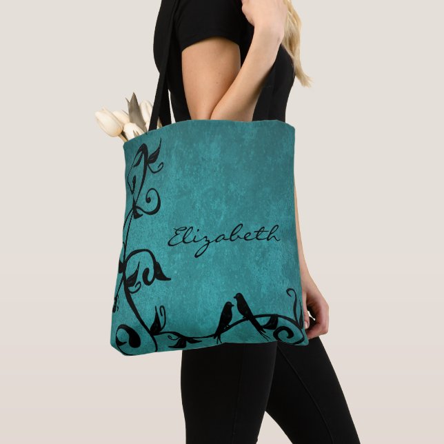 Teal Lovebird Personlig Tote Bag Tygkasse (Närbild)