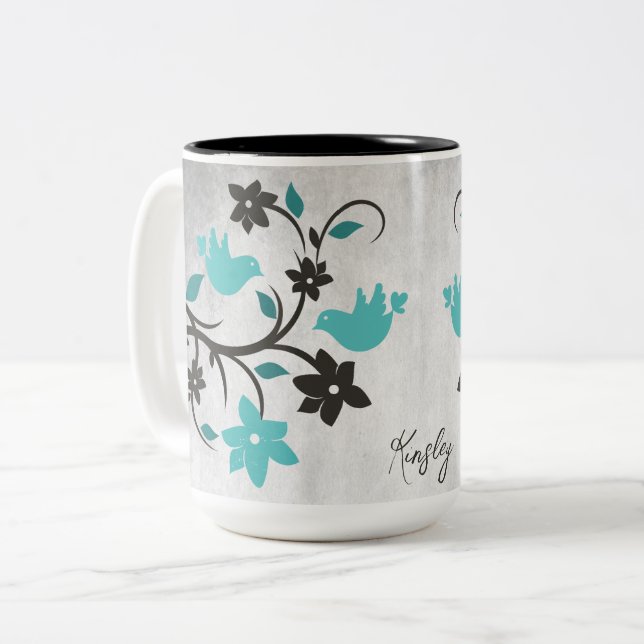 Teal Lovebird Two-Tone Coffee Mugg (Framsida vänster)