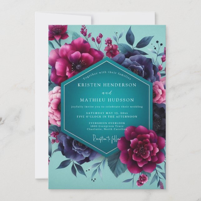Teal Magenta Dramatisk Bröllopsblomning Inbjudningar (Framsida)