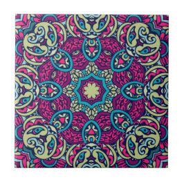 Teal, Magenta, Guld & Olive Eclectic Boho Mandala Kakelplatta