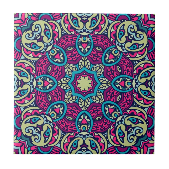 Teal, Magenta, Guld & Olive Eclectic Boho Mandala Kakelplatta (Framsidan)