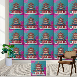 Teal & Magenta Oriental Pagoda Chinoiserie Tile Kakelplatta