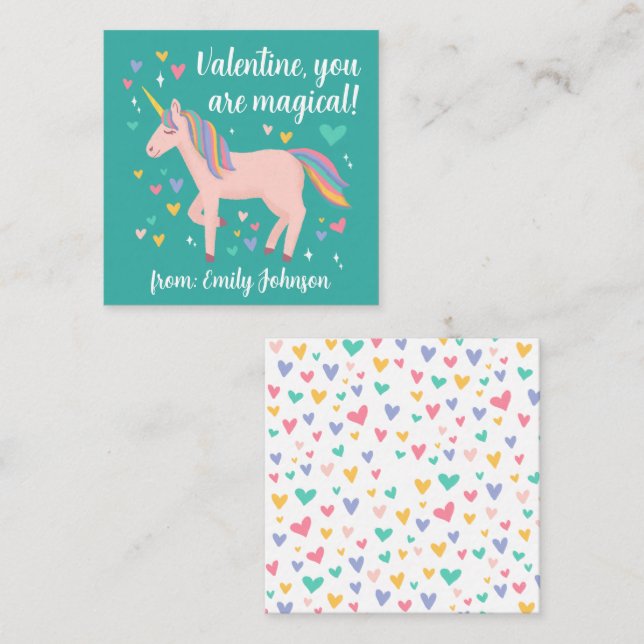 Teal Magic Unicorn Kids Classroom Valentine Card Anteckningskort (Fram/baksida)