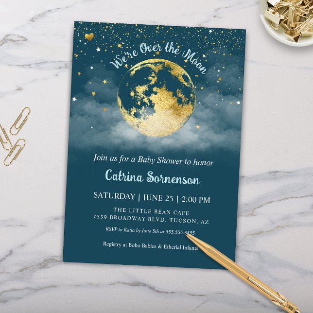 Teal Måne och Stars Guld Celestial Baby Shower Inbjudningar (Teal Aqua and Gold Over the Moon Baby Shower Invitation Gender Neutral Celestial Theme)