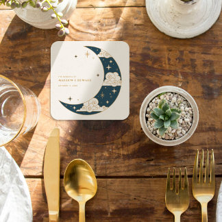 Teal Måne & Stjärnor Celestial Bröllopsmottagning Underlägg Papper Kvadrat