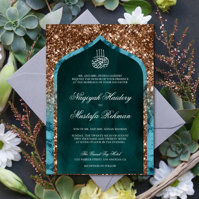 Teal Marble Bronze Glitter Arch Islamic Bröllop Inbjudningar (Skapare uppladdad)