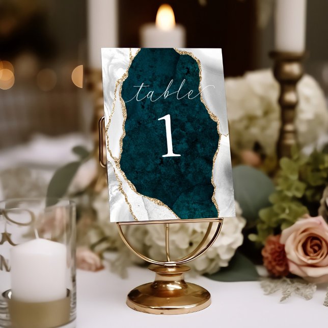 Teal Marble, White & Guld Agate Bord Card Bordsnummer (Skapare uppladdad)