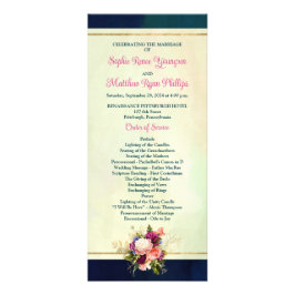 Teal, marin, Grönt, Guld Blommigt Bröllopsprogram Reklamkort