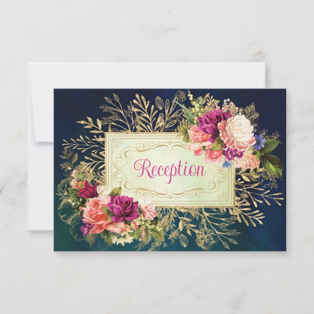 Teal, marin, Guld Bold Blommigt Bröllop Inbjudningar (Framsida)