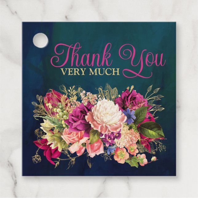 Teal, marinflotta, Grönt, Guld Bold Blommigt Bröll Gåvor Etiketter (Framsida)