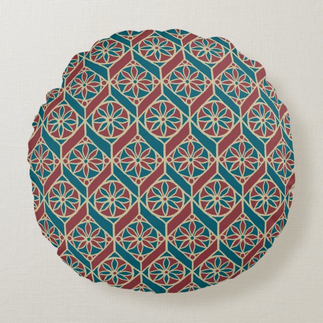 Teal Maroon Beige Ethnic Mönster Flowers, Chevrons Rund Kudde (Framsidan)