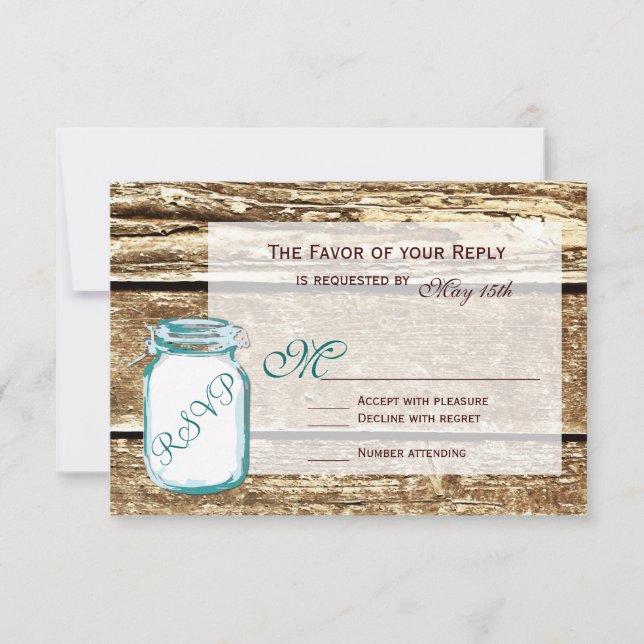 Teal Mason Burk Rustic Barn Wood Bröllop OSA Card (Framsida)