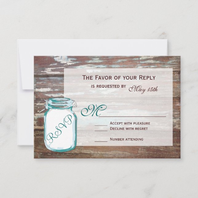 Teal Mason Burk Rustic Barn Wood Bröllop OSA Card (Framsida)
