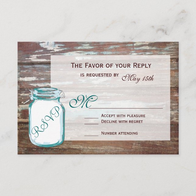 Teal Mason Burk Rustic Barn Wood Bröllop OSA Card Kort (Framsida)