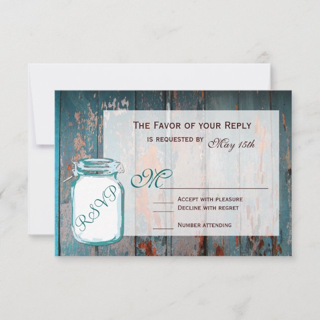 Teal Mason Burk Rustic Barn Wood Bröllop OSA Card Kort (Framsida)