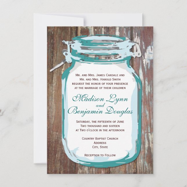 Teal Mason Burk Rustic Barn Wood Wedding bjudande Inbjudningar (Framsida)