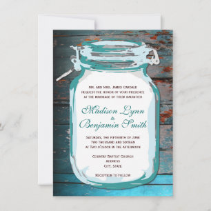 Teal Mason Burk Rustic Wood Wedding bjudande Ver2 Inbjudningar