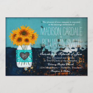 Teal Mason Burk Sunblommor Rustic Bröllopsinbjudan Inbjudningar