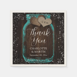 Teal Mason Jar Rustic Wood Thank You Wedding Pappersservett