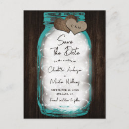 Teal Mason Jar Wood Hearts Wedding Save The Date Meddelande Vykort