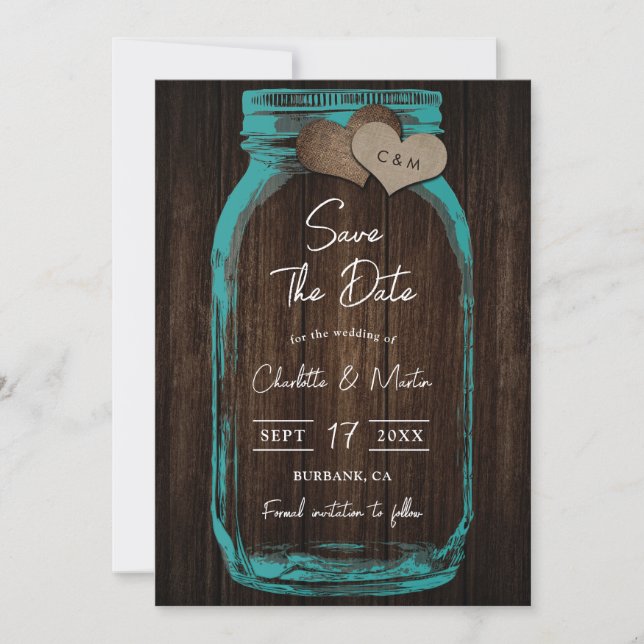 Teal Mason Jar Wood Monogram Romantic Fall Wedding Spara Datumet (Framsida)