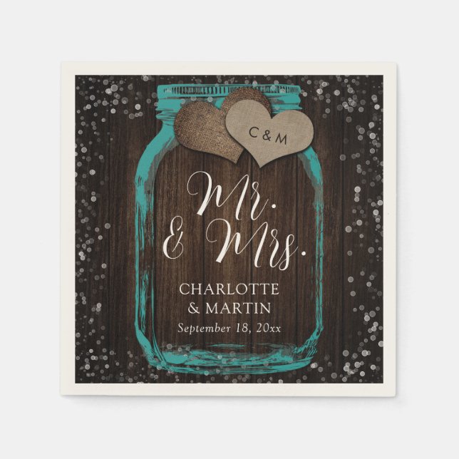 Teal Mason Jar Wood Mr. & Mrs. Wedding Pappersservett (Framsidan)