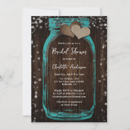 Teal Mason Jar Wood Rustic Bridal Shower Inbjudningar
