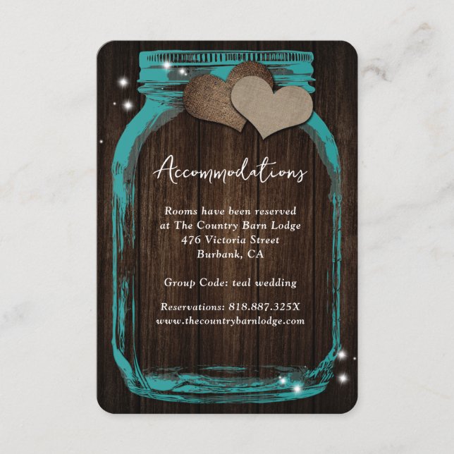 Teal Mason Jar Wood Wedding Accommodation Card Tilläggskort (Framsida)