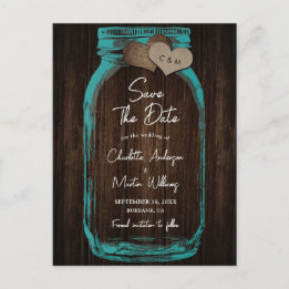 Teal Mason Jar Wood Wedding Save The Date Meddelande Vykort