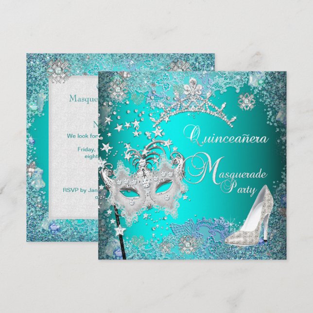 Teal Masquerad Quinceanera 15:e Party Tiara Shoe Inbjudningar (Fram/baksida)