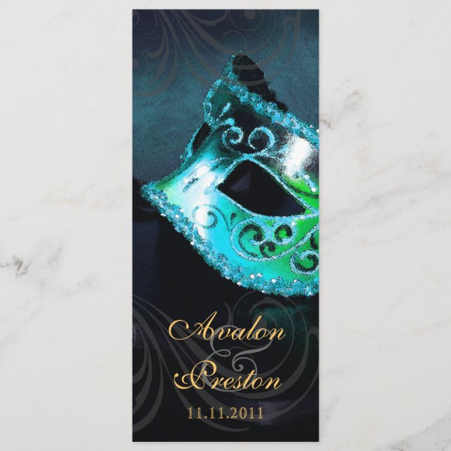 Teal Masquerade Bröllopsprogram Inbjudan (Framsida)