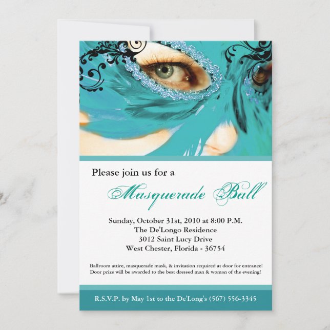 Teal Masqueramasken Boll Costume Halloween Inbjudningar (Framsida)