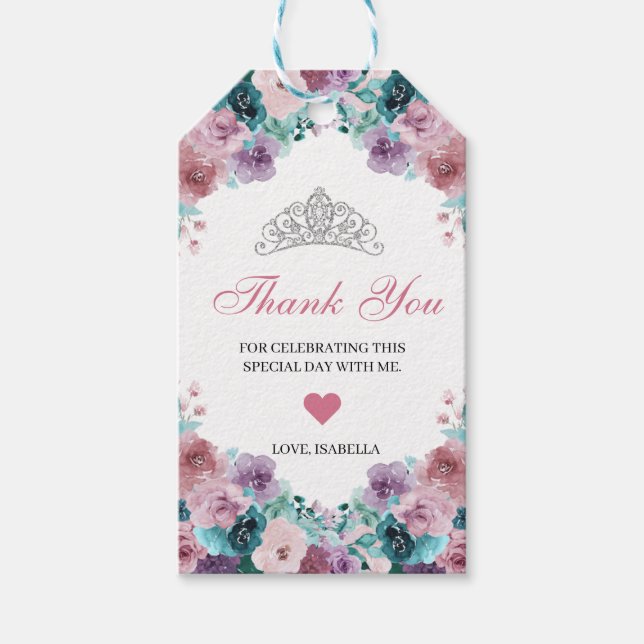 Teal & Mauve Blommigt Tack Gift Märkres Presentetikett (Framsidan)