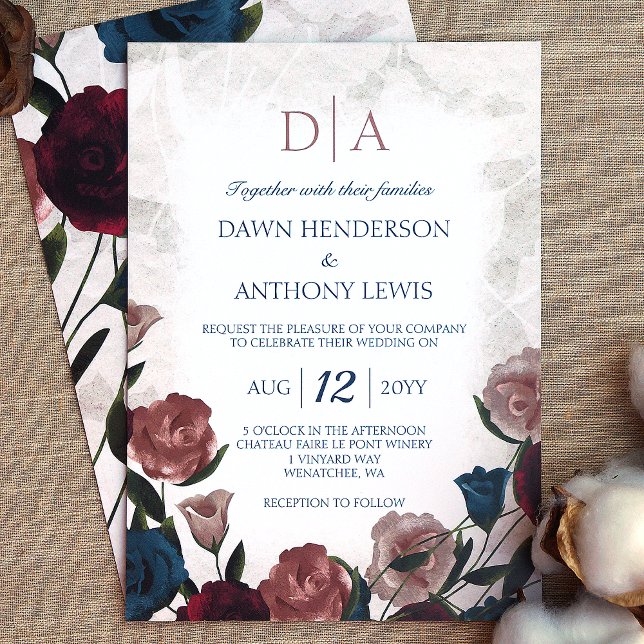 Teal, Mauve , Burgundy Ro Garden Wedding Inbjudningar (elegant rose bouquet rose garden wedding invitations burgundy, rose pink, teal, beige roses)
