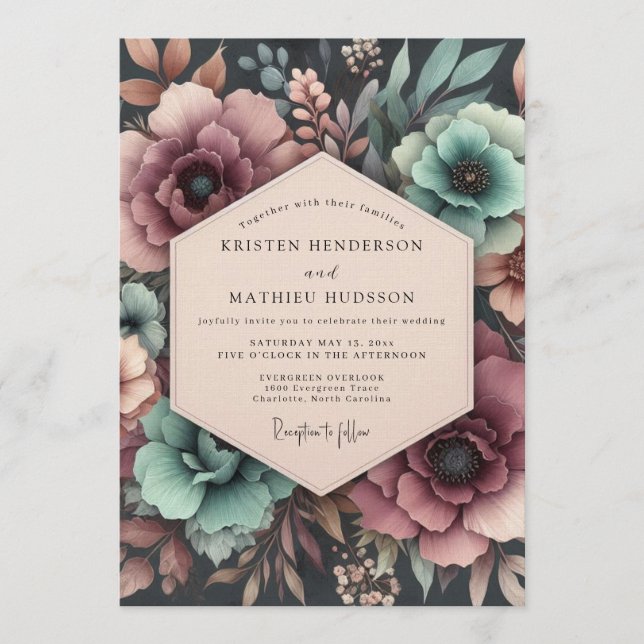 Teal & Mauve Moody Bloom Wedding Inbjudningar (Framsida)