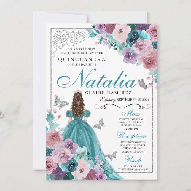 Teal & Mauve Ocean Sunset Princess Quinceanera Inbjudningar (Framsida)
