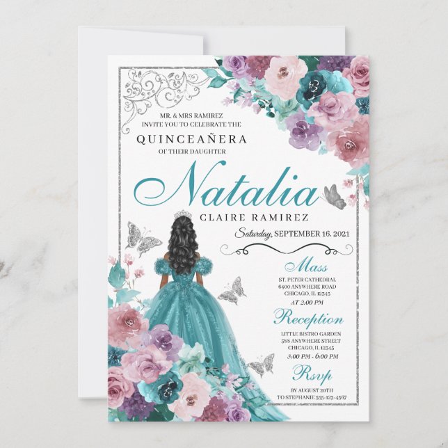 Teal & Mauve Ocean Sunset Princess Quinceanera Inbjudningar (Framsida)