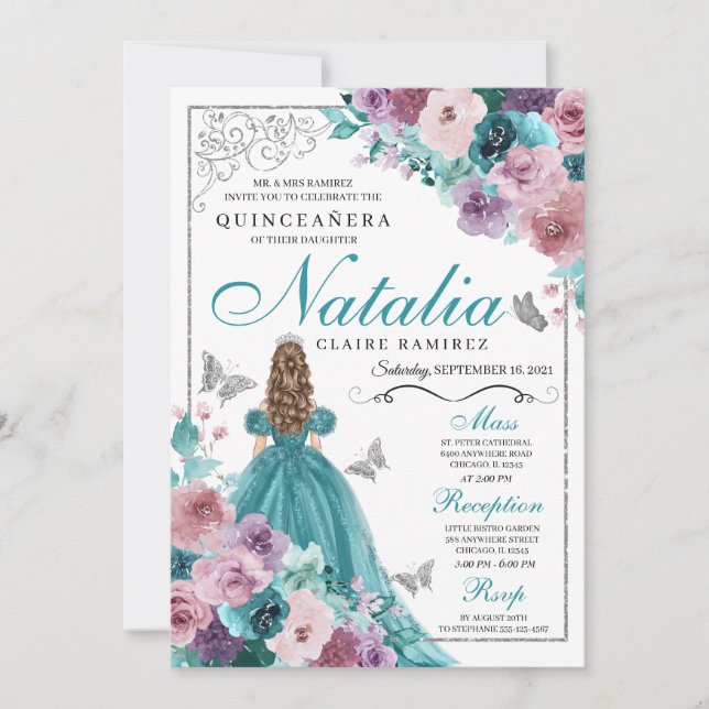 Teal & Mauve Ocean Sunset Princess Quinceanera Inbjudningar (Framsida)