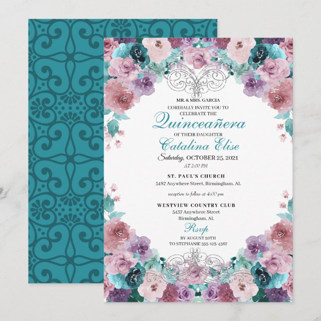 Teal & Mauve Sunset Quinceanera Birthday Inbjudningar (Fram/baksida)