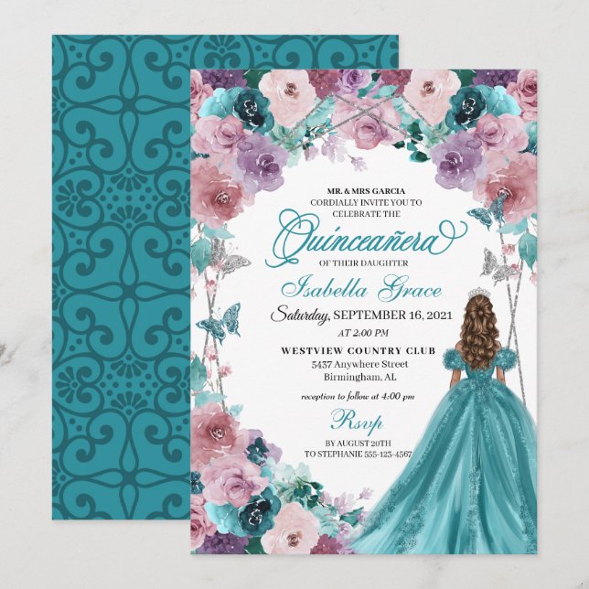 Teal & Mauve Sunset Quinceanera Princess Inbjudningar (Fram/baksida)